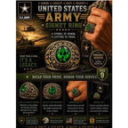 Men's US Army signet ring in gold with green accents, size 10, featuring detailed military emblem, by Republic Mercantile.