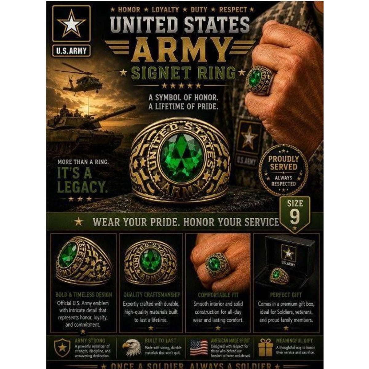 Men's US Army signet ring in gold with green accents, size 10, featuring detailed military emblem, by Republic Mercantile.