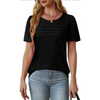 Fantaslook black short sleeve pleated front blouse in size 2XL, featuring a stylish and flowy design with a pleated front detail.