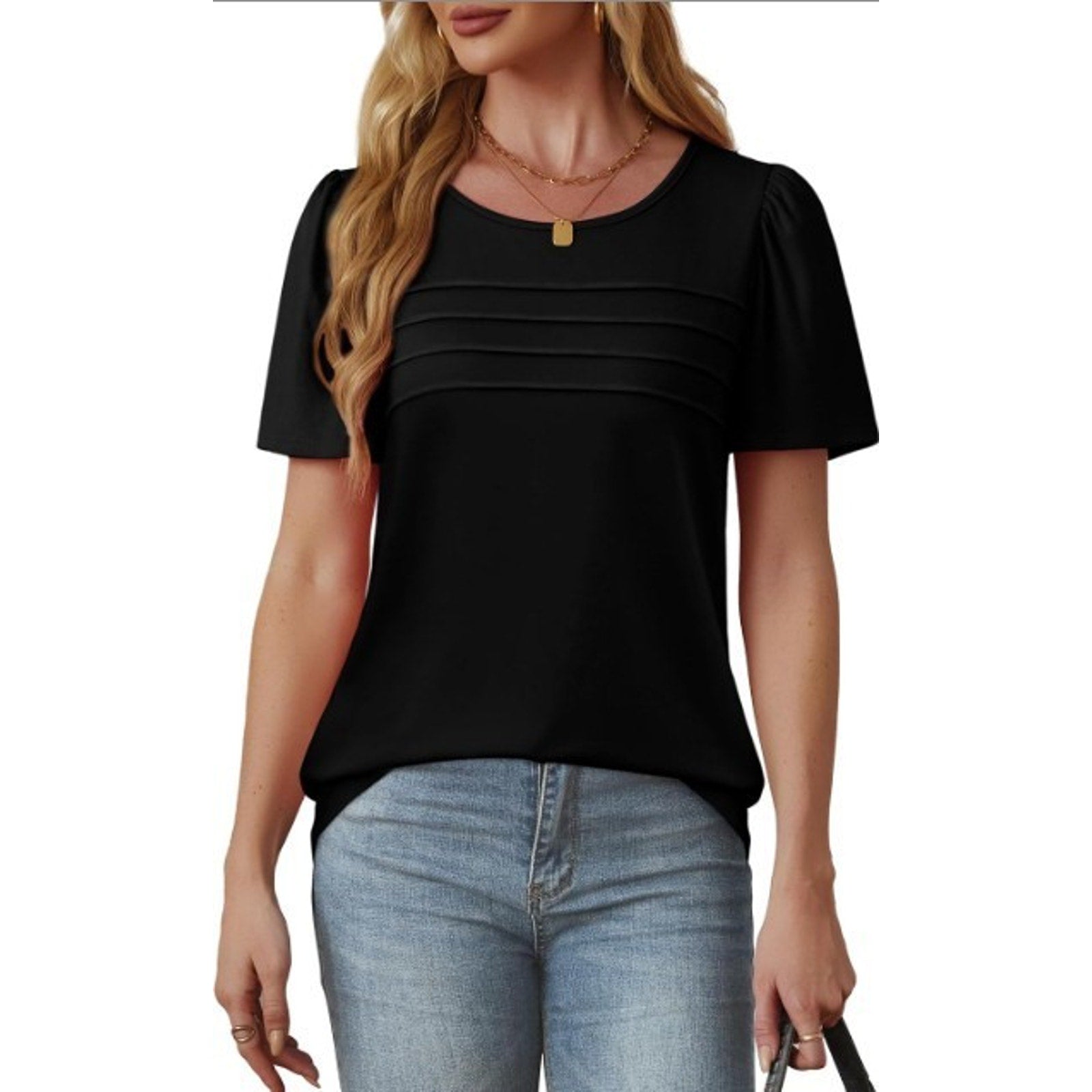 Fantaslook black short sleeve pleated front blouse in size 2XL, featuring a stylish and flowy design with a pleated front detail.