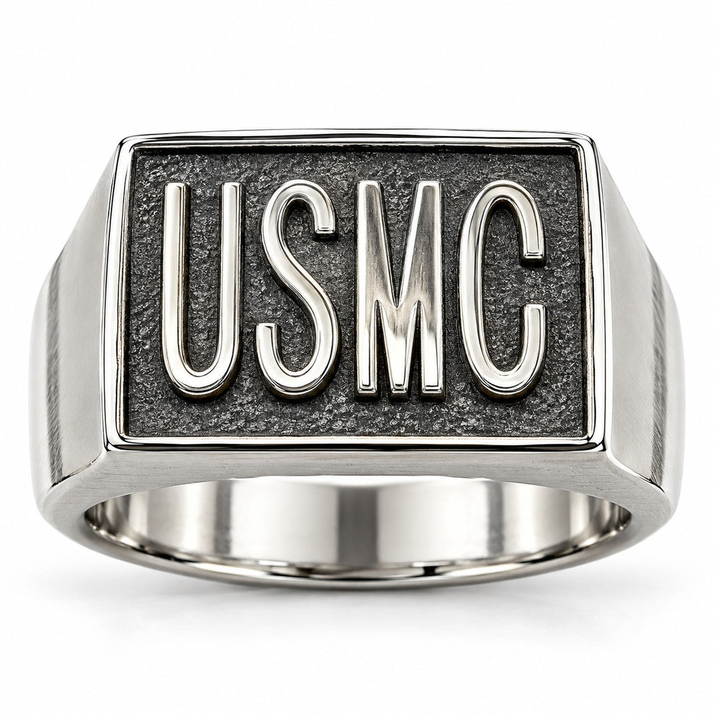 Men's silver US Marine Corps Signet Ring in size 11 with engraved USMC emblem and Republic Mercantile branding.