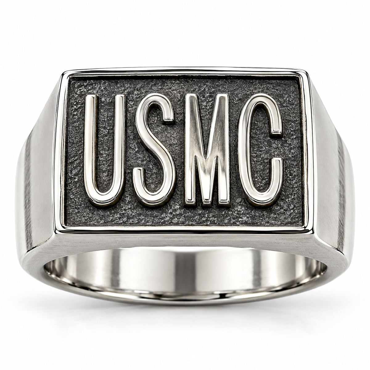 Men's silver US Marine Corps Signet Ring in size 11 with engraved USMC emblem and Republic Mercantile branding.