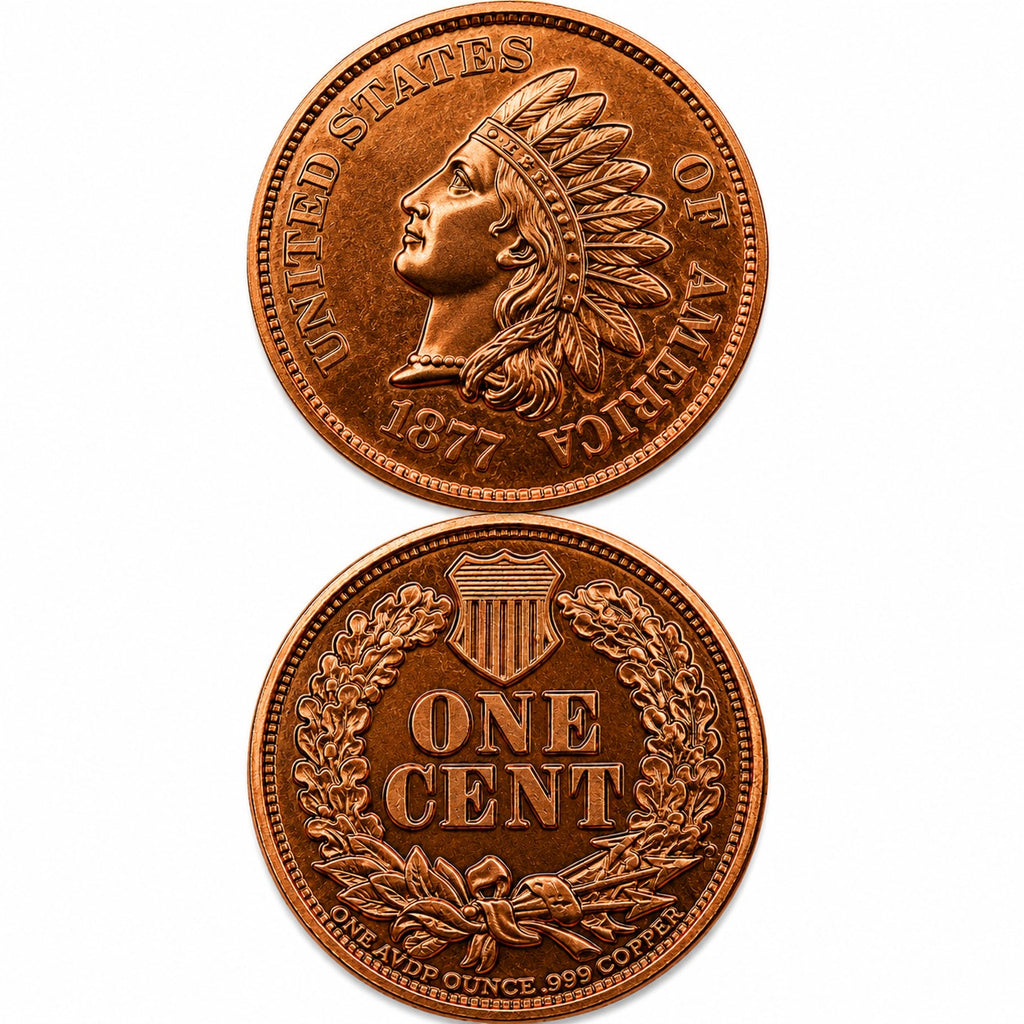 Republic Mercantile 1 oz .999 fine copper coin with Indian Head design, detailed collectible coin image
