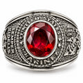 Men's US Marine Corps signet ring in silver with red accents, size 12, featuring military emblem and detailed craftsmanship.