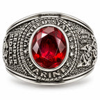 Men's US Marine Corps signet ring in silver with red accents, size 12, featuring military emblem and detailed craftsmanship.