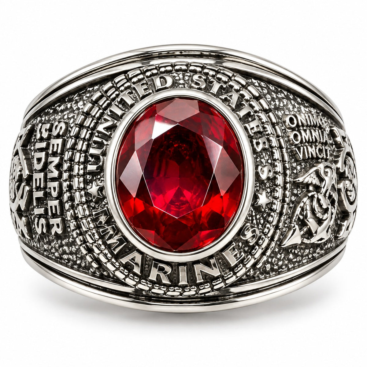 Men's US Marine Corps signet ring in silver with red accents, size 12, featuring military emblem and detailed craftsmanship.