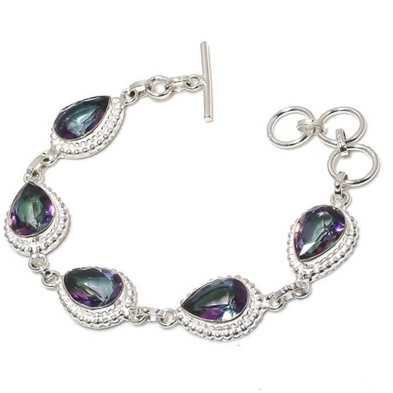 Mystic Topaz Pear Gemstone Handmade 925 Sterling Silver Plated Jewelry Bracelet