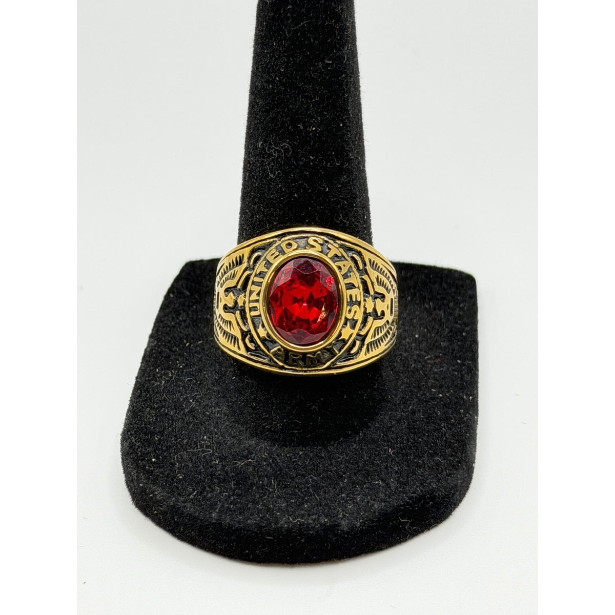 Men's US Army Signet Ring in gold and red from Republic Mercantile, size 10, featuring military insignia and detailed design.