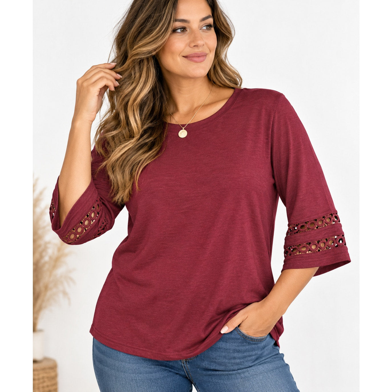 WellSize women's plus size burgundy top with 3/4 lace sleeves and V-neck, size XL, shown on a model.