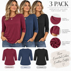 MOSHU women's 3/4 sleeve crew neck T-shirts in wine, navy, and black, size 2XL, displayed flat with visible colors and fabric texture.