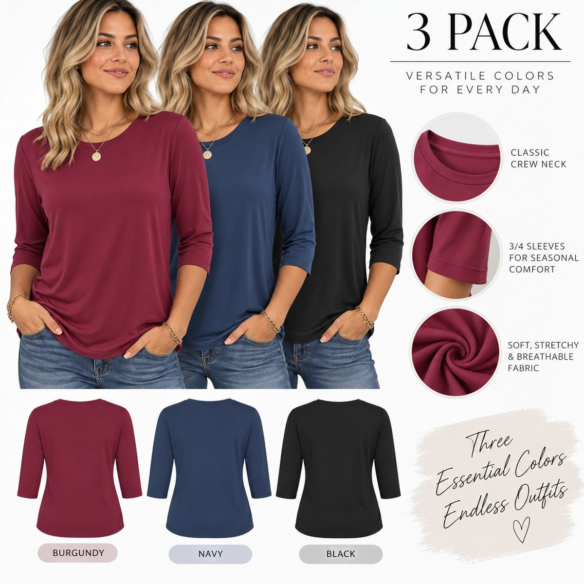 MOSHU women's 3/4 sleeve crew neck T-shirts in wine, navy, and black, size 2XL, displayed flat with visible colors and fabric texture.