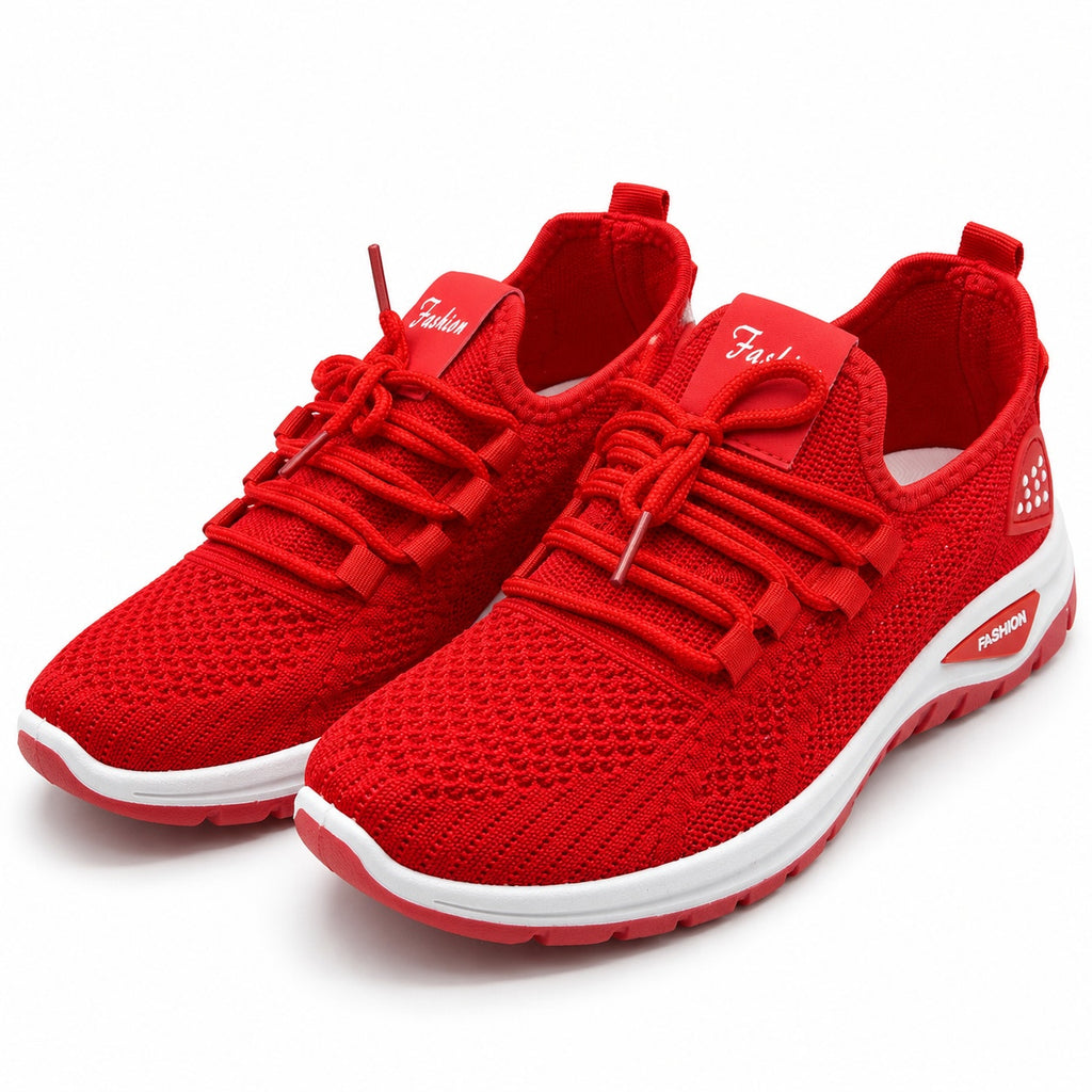 Red women's athletic sneakers by New Fashion Brand, size 6.5 US, EU 37, with breathable mesh and sporty design.