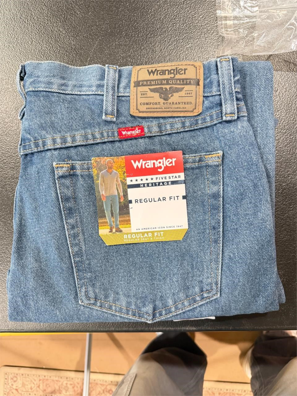 Wrangler 5-Star 36x30 denim jeans with classic blue wash and straight-leg fit, displayed on a plain background.