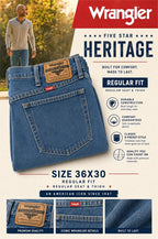 Wrangler 5-Star 36x30 denim jeans, classic blue wash, straight fit with five-pocket design and belt loops, front and back view.