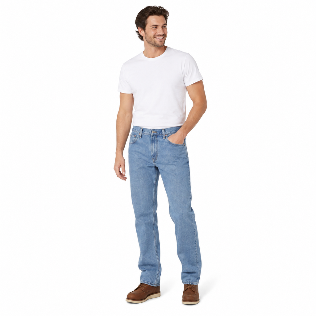 Wrangler 5-Star 36x30 denim jeans, front view showing classic blue wash, straight-leg fit, and five-pocket design.