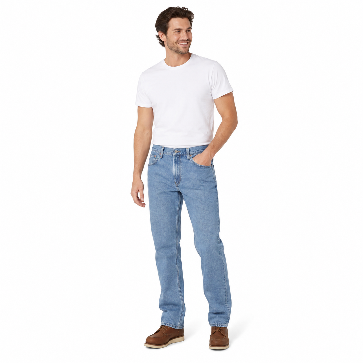 Wrangler 5-Star 36x30 denim jeans, front view showing classic blue wash, straight-leg fit, and five-pocket design.