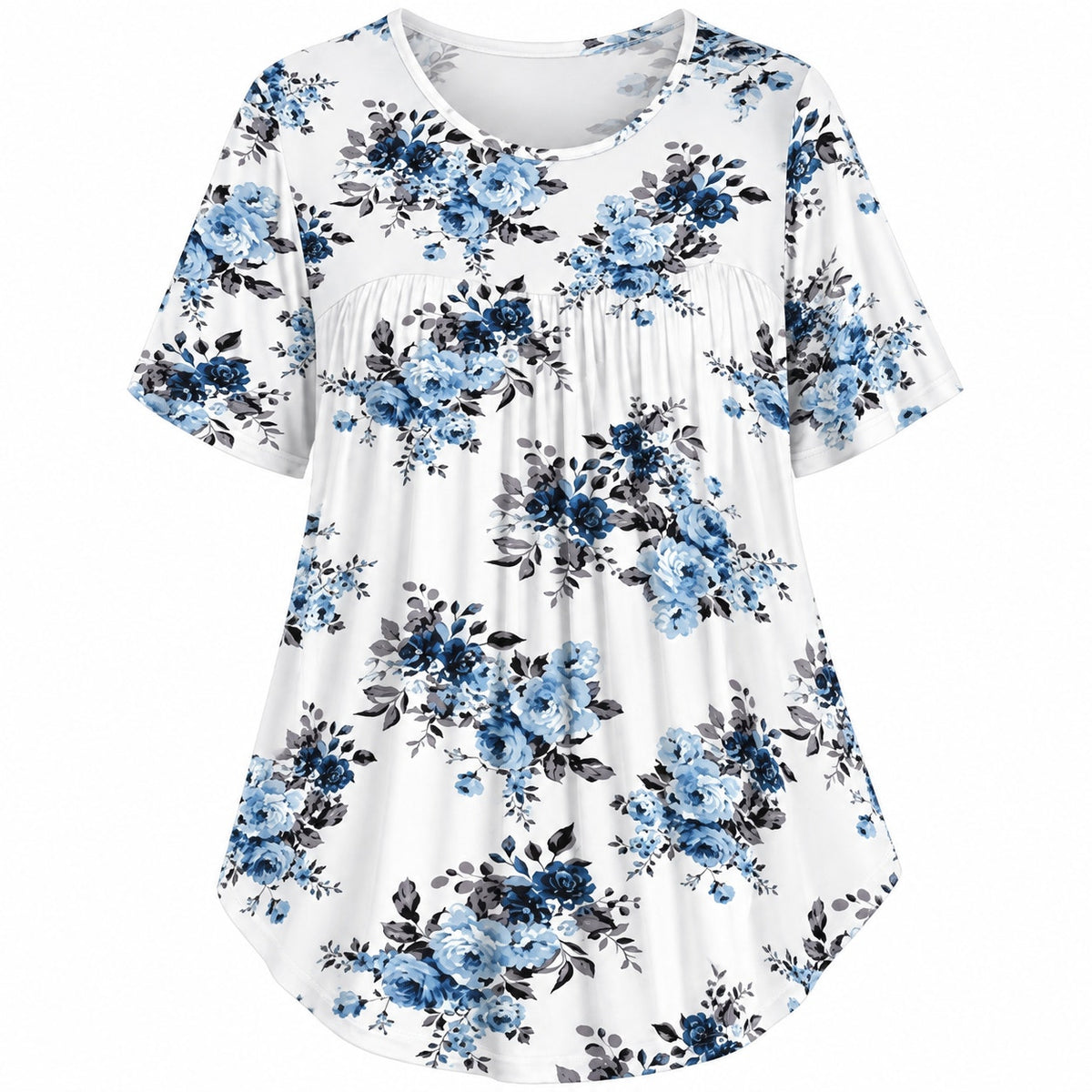 Fantaslook women's short sleeve floral tunic top in blue and white, size XL, featuring a relaxed fit and vibrant flower pattern.