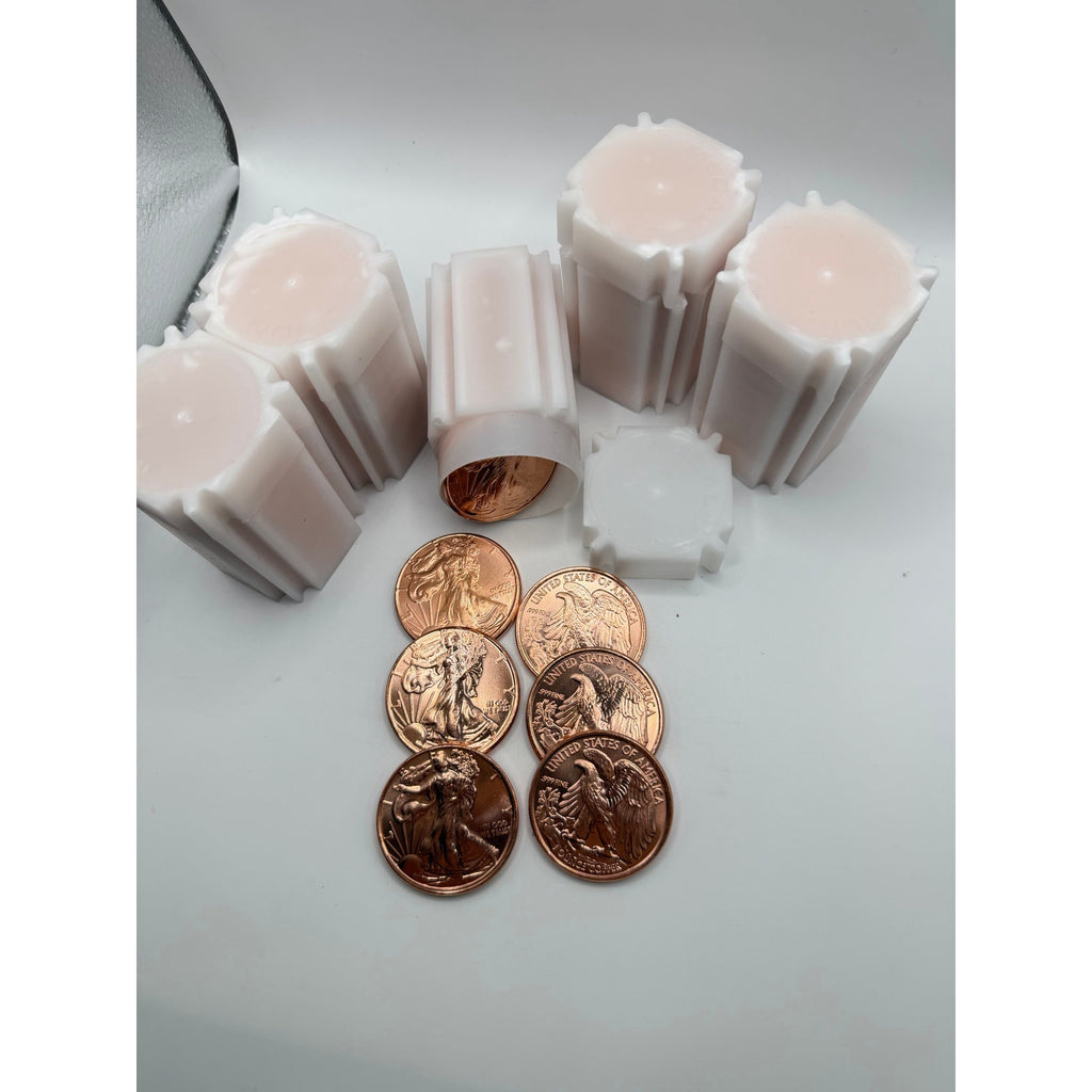 Collection of five tubes of Republic Mercantile 1oz .999 fine copper Walking Liberty collectible coins in each tube.