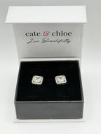 Cate & Chloé 1 ct cubic zirconia diamond stud earrings featuring sparkling clear stones and silver-tone metal setting.