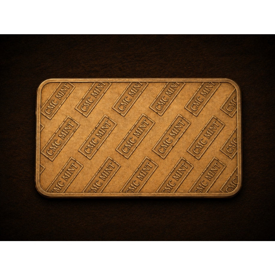 Troy oz Bronze Alloy Collectible Bar from CMC Mint featuring detailed engraving and classic design on shiny surface.