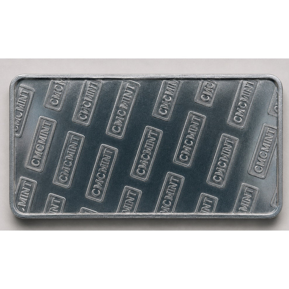 Close-up of a 1 oz .999 fine zinc collectible bar from CMC Mint with detailed minting and branding visible.