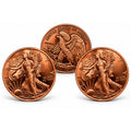 Three 1 oz .999 pure copper bullion ingots with Walking Liberty design from Republic Mercantile, showcasing detailed coin shapes and markings.