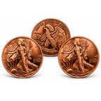 Three 1 oz .999 pure copper bullion ingots with Walking Liberty design from Republic Mercantile, showcasing detailed coin shapes and markings.