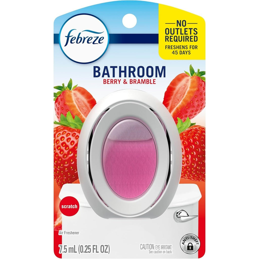 Four Febreze "April Fresh" bath air fresheners in clear bottles with blue caps, designed to freshen bathroom air.