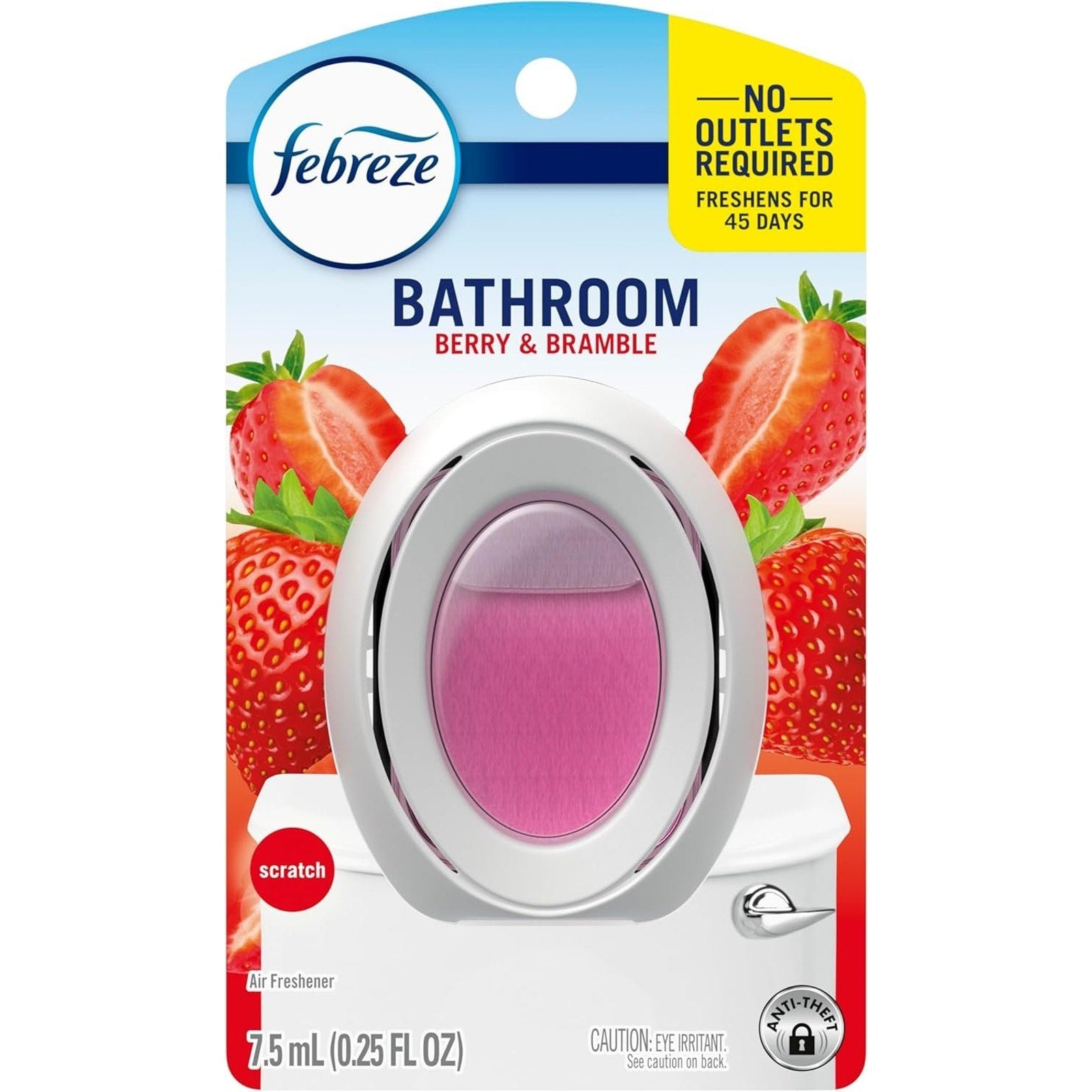 Four Febreze "April Fresh" bath air fresheners in clear bottles with blue caps, designed to freshen bathroom air.