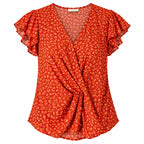 Fantaslook V-neck women's top dressy ruffle sleeve shirt button-up tunic in size M, shown on a hanger.