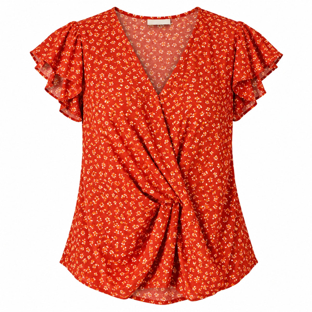 Fantaslook V-neck women's top dressy ruffle sleeve shirt button-up tunic in size M, shown on a hanger.