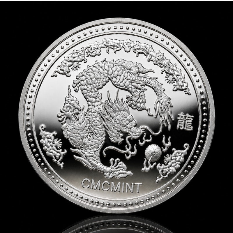 Fine German silver collectible coin featuring the Year of the Dragon, 1 Troy oz, by CMC Mint with detailed dragon design.