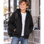 Coney Island boys’ black sherpa lined zip hoodie in size 10-12, showing front view with hood and zip closure.