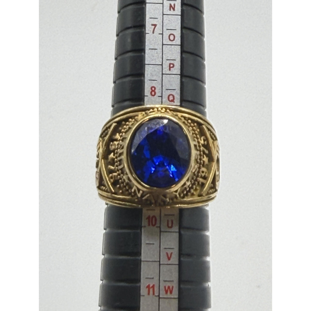 Men's US Navy signet ring in gold and blue, size 9, featuring detailed naval emblem, by Republic Mercantile.