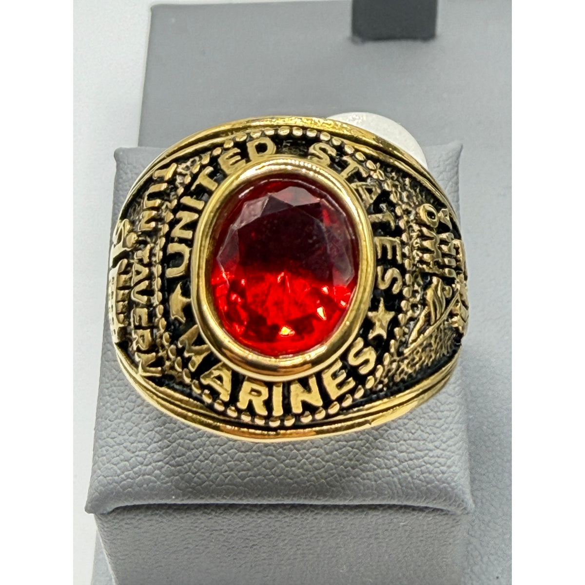 Men's US Marine Corps signet ring in gold and red with size 12, featuring engraved Marine emblem and Republic Mercantile branding.