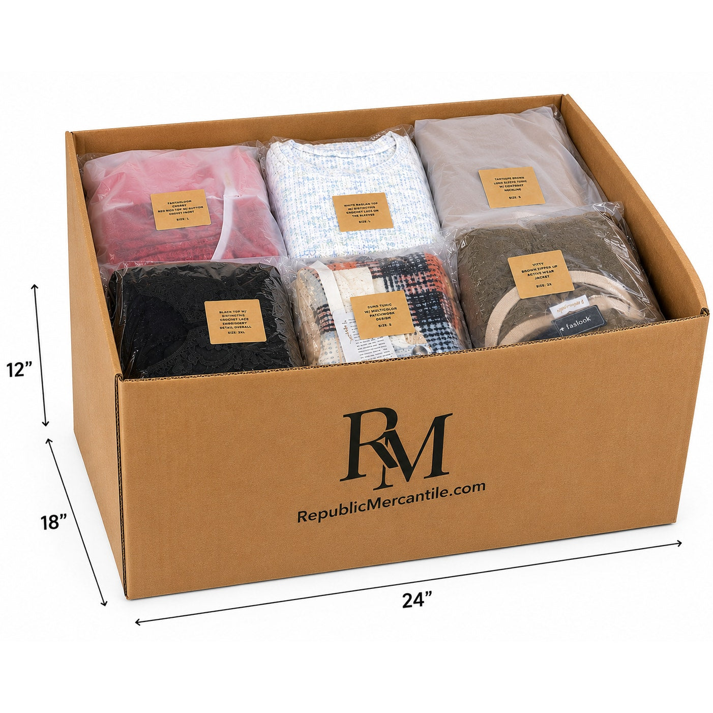 48-piece wholesale lot of Republic Mercantile long sleeve blouses and tops, new reseller's clothing shipment, 33 lbs.