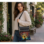 Stained Tree of Life boho crossbody bag with shoulder strap, featuring colorful stained glass-inspired design and woven accents.