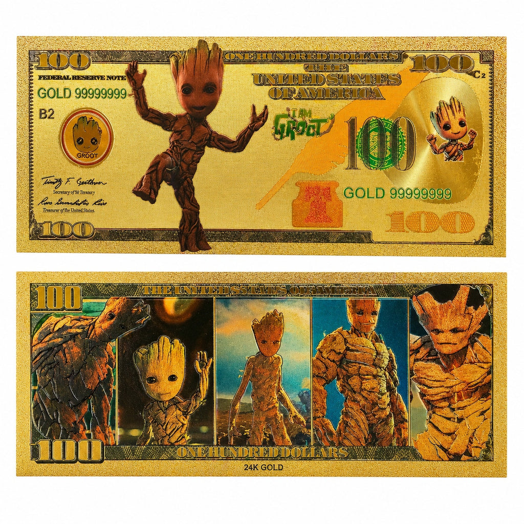 Marvel Guardians of the Galaxy Groot gold-foil novelty note featuring Groot character from the Marvel comic series.