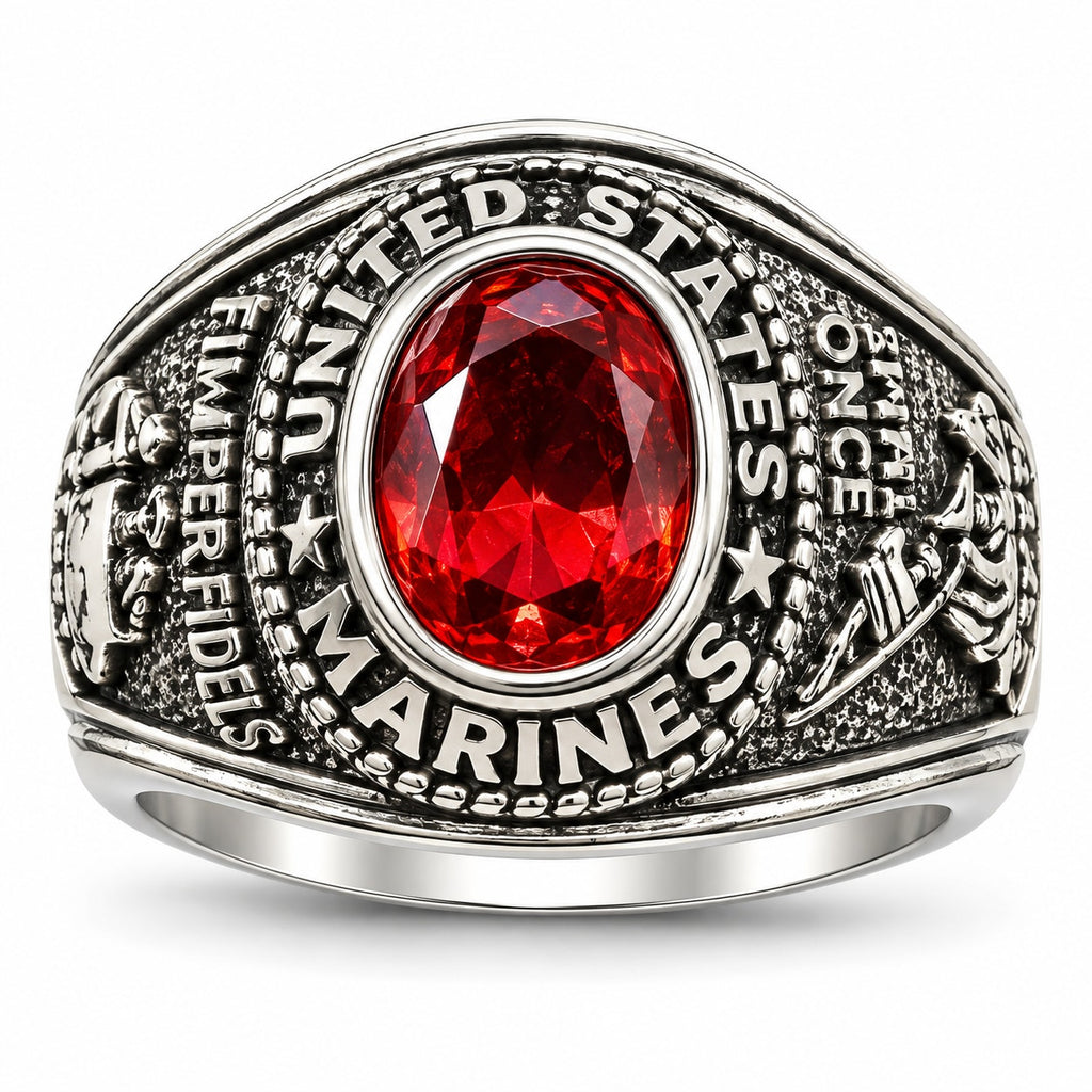 Men's US Marine Corps signet ring in silver with red details, size 11, featuring engraved Marine emblem and Republic Mercantile branding.