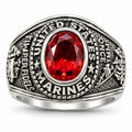 Men's US Marine Corps signet ring in silver with red details, size 11, featuring engraved Marine emblem and Republic Mercantile branding.