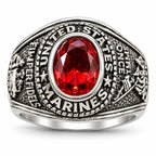 Men's US Marine Corps signet ring in silver with red details, size 11, featuring engraved Marine emblem and Republic Mercantile branding.