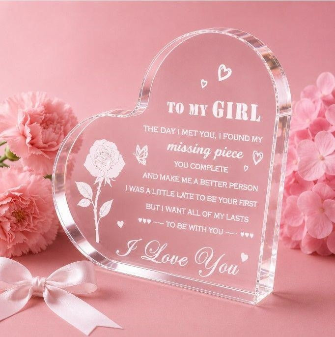 Acrylic heart-shaped stand with "To My Girl" inscription, featuring a clear, elegant design by Republic Mercantile.