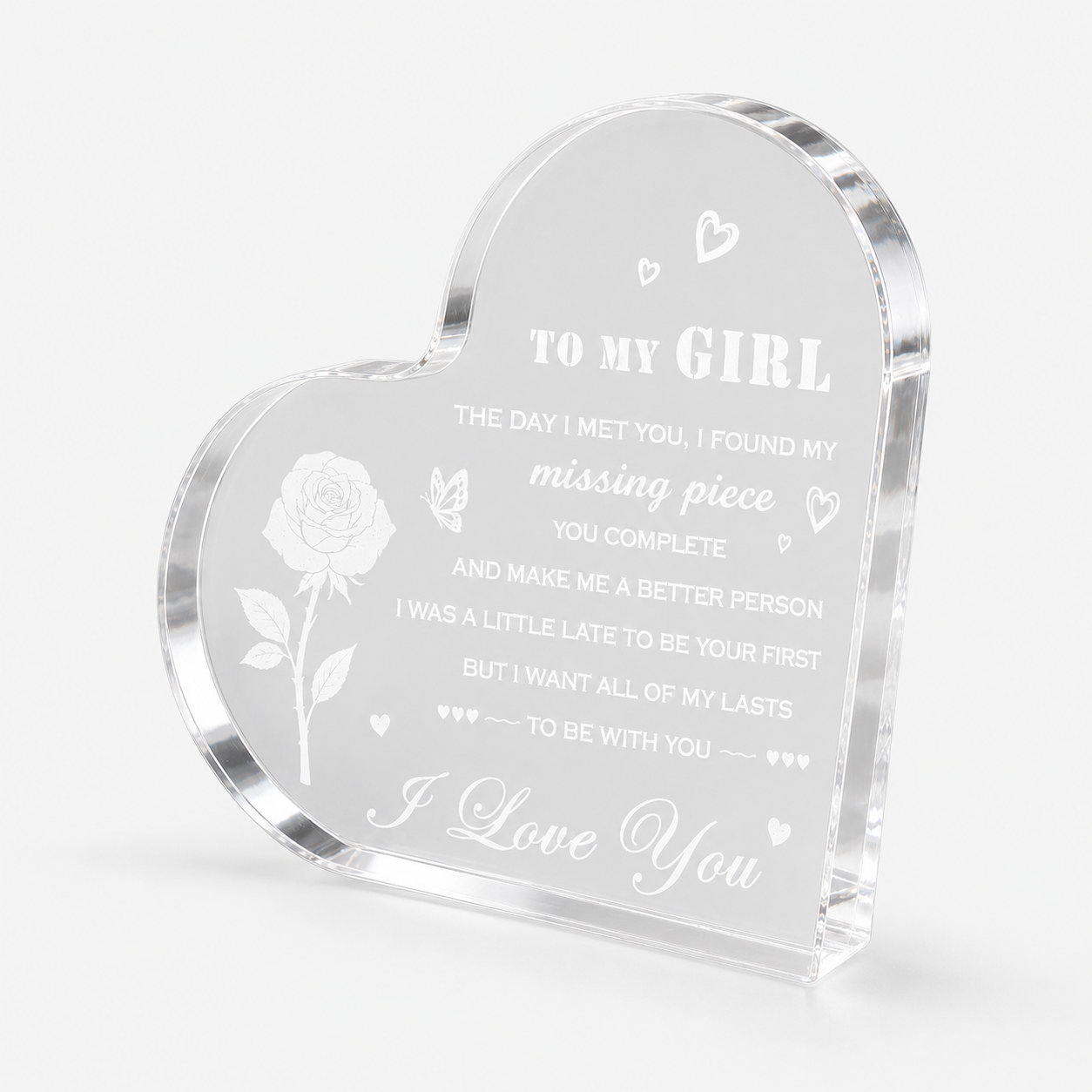 Acrylic heart-shaped stand with "To My Girl" message in elegant script, decorative design by Republic Mercantile.