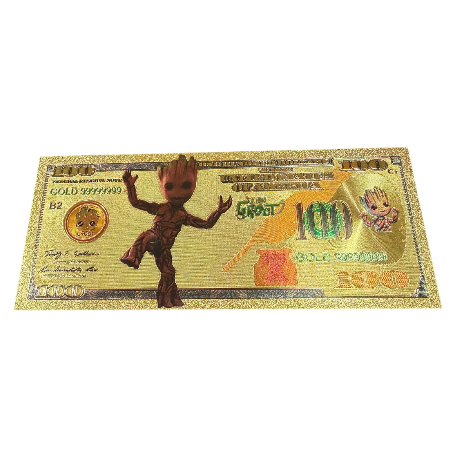 Marvel Guardians of the Galaxy Groot gold-foil novelty note featuring a detailed image of Groot from the Marvel franchise.