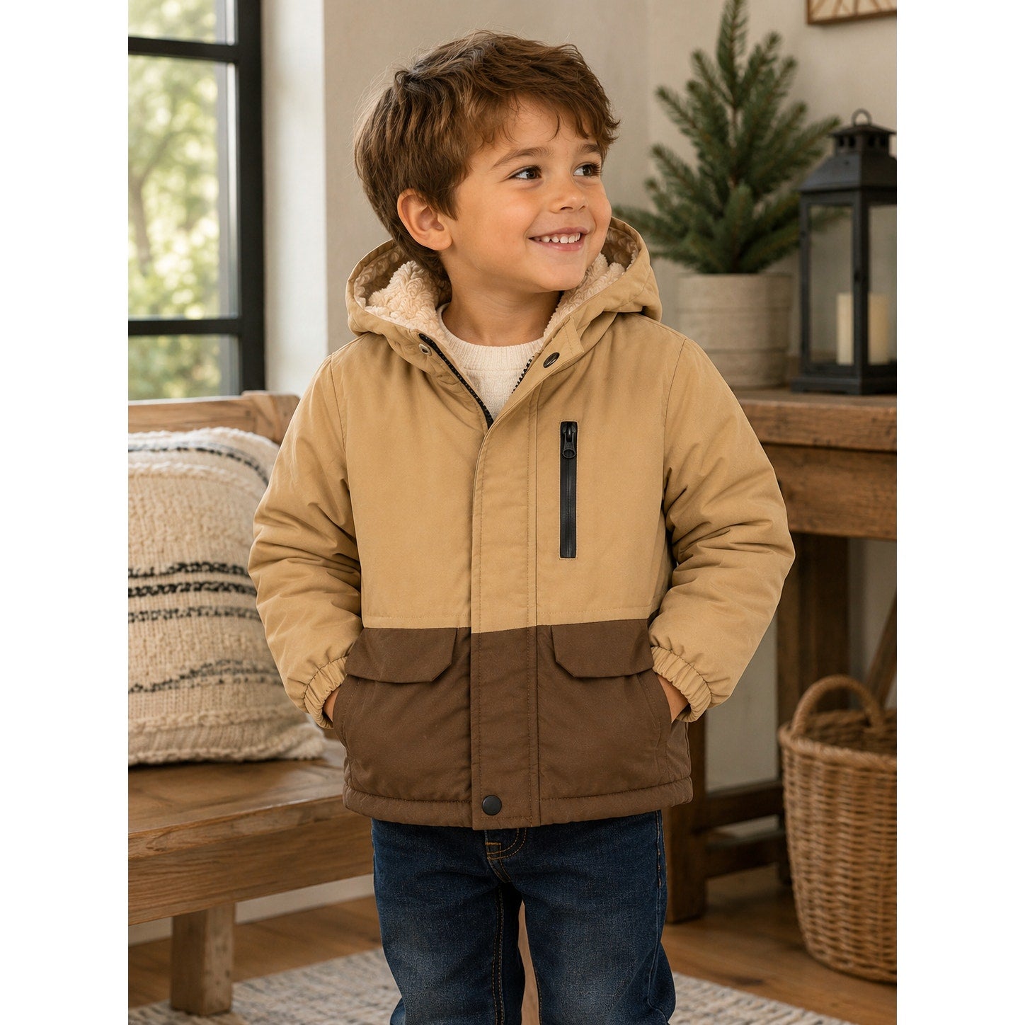 Kid's Tan & Brown Hooded Jacket for Toddlers Size 5Y