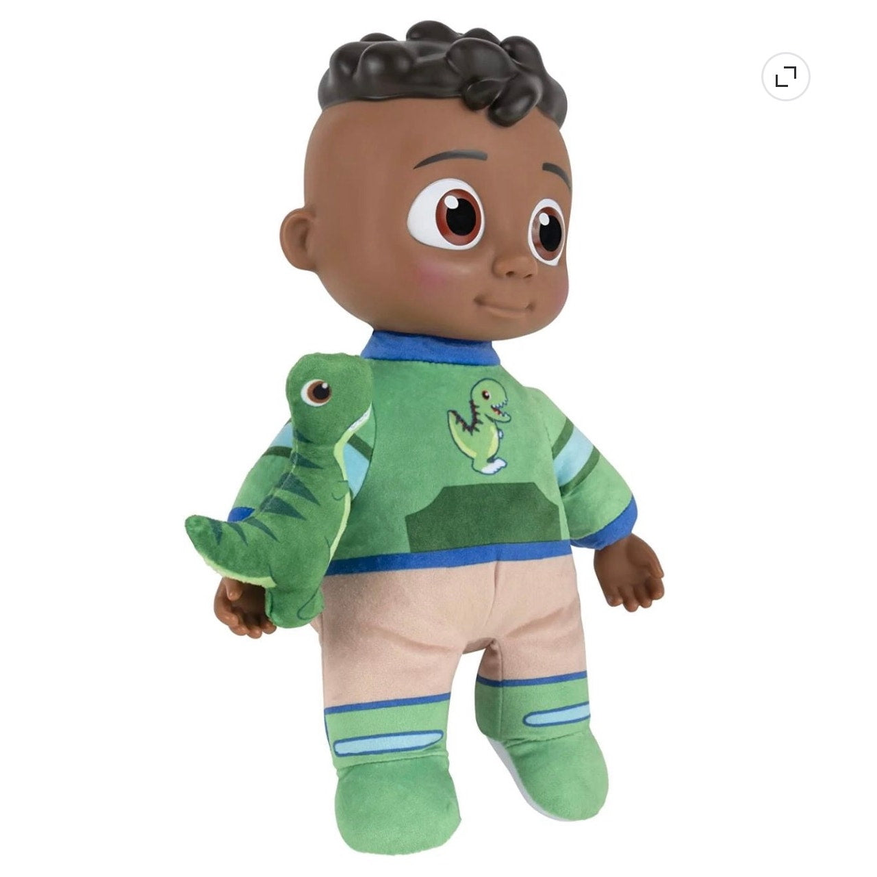 Cocomelon My Friend Cody plush toy with dinosaur, featuring a pressable tummy for music, soft fabric, and colorful design.
