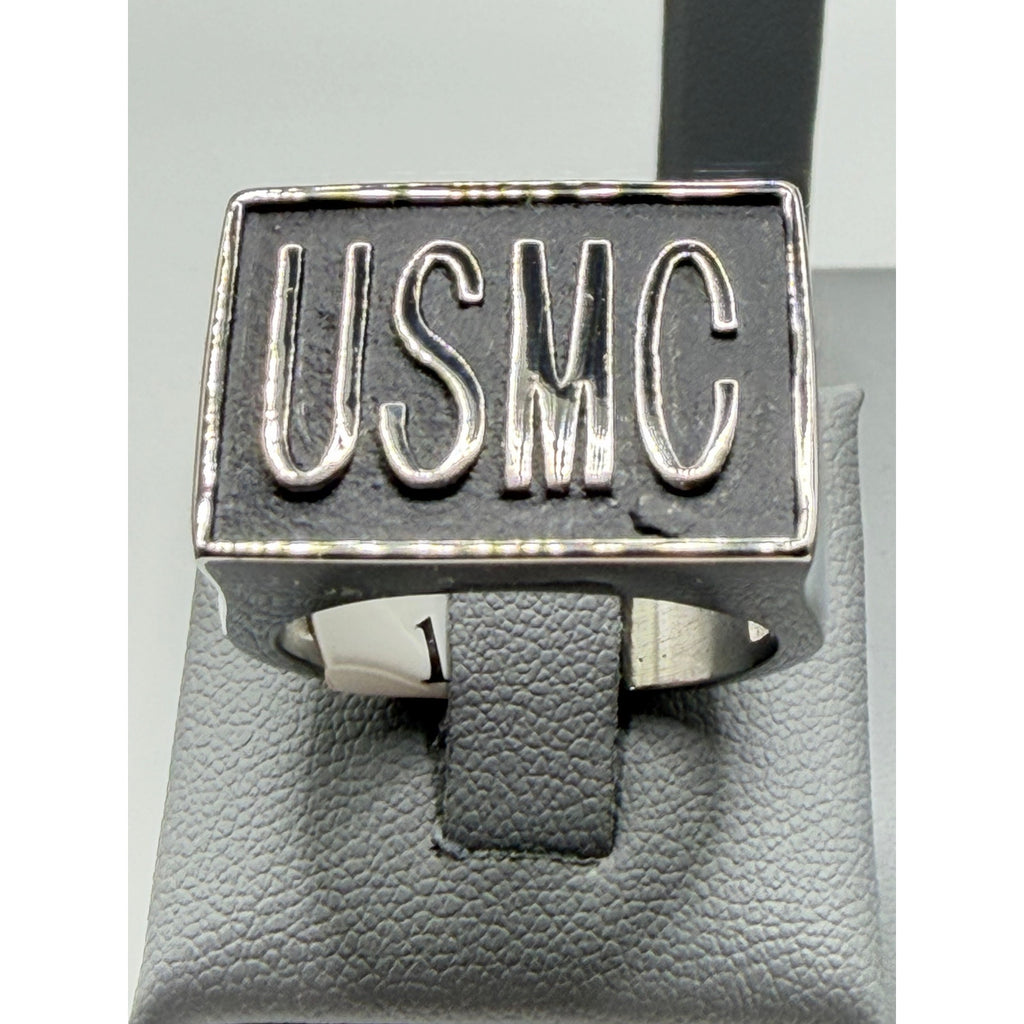 Silver US Marine Corps signet ring for men, size 10, with engraved USMC emblem, crafted by Republic Mercantile.