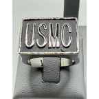 Silver US Marine Corps signet ring for men, size 10, with engraved USMC emblem, crafted by Republic Mercantile.