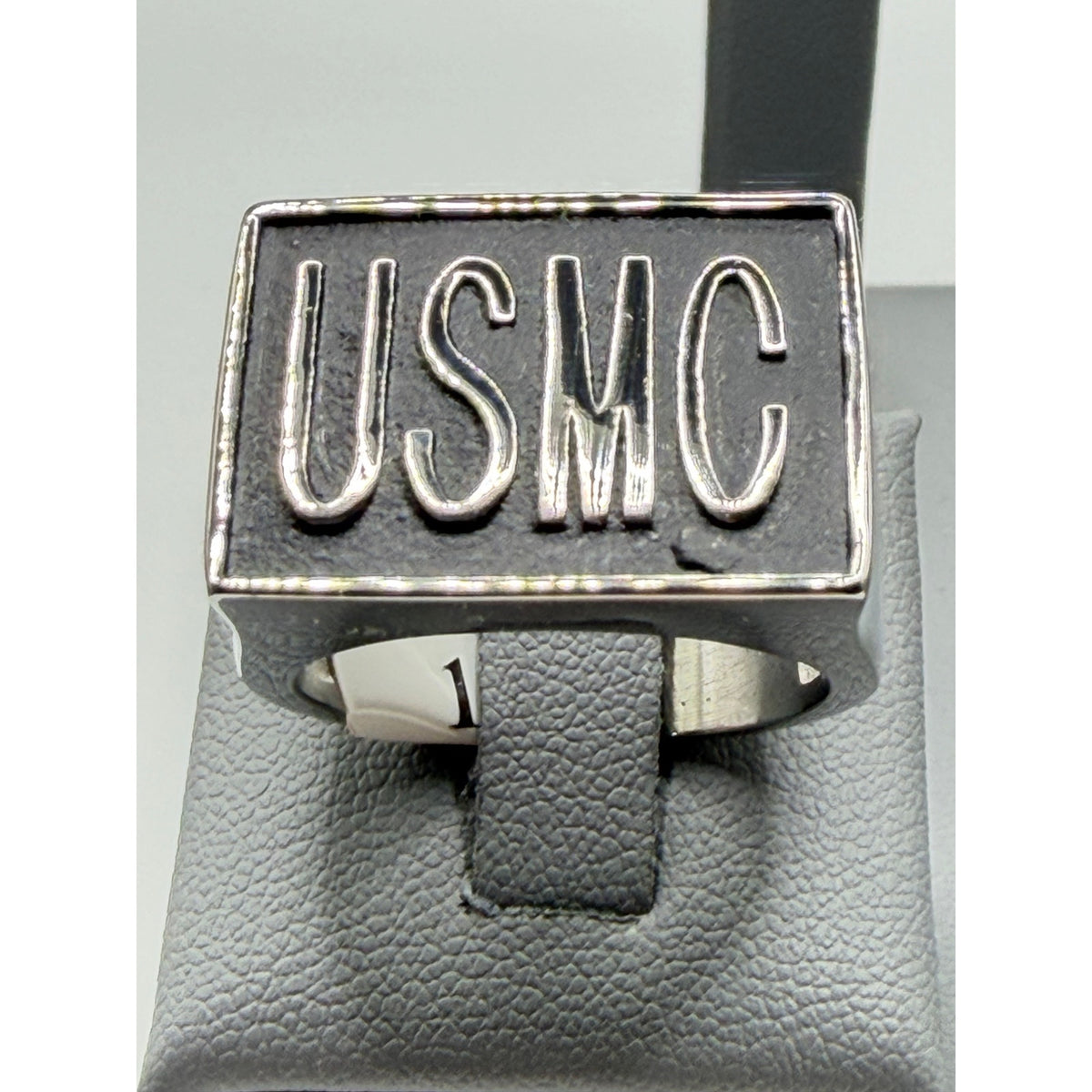 Silver US Marine Corps signet ring for men, size 10, with engraved USMC emblem, crafted by Republic Mercantile.