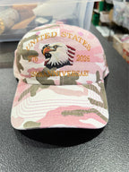 Pink camo ball cap with 250th anniversary embroidery by Republic Mercantile, featuring adjustable strap and curved brim.